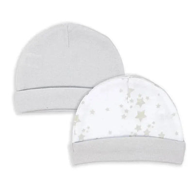 Two baby hats from Rose Textiles - 2 Pack Galaxy Hat, in grey and white with star patterns.