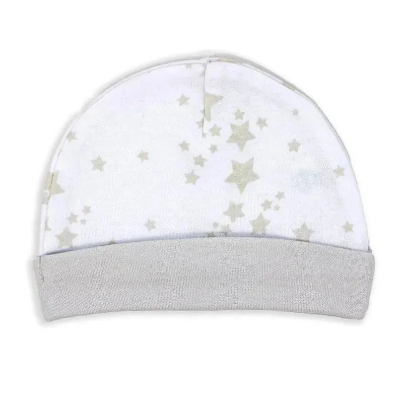 Grey Galaxy Hat with a star print, designed for infants, featuring a soft fabric and comfortable fit.