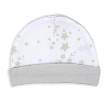 Grey Galaxy Hat with a star print, designed for infants, featuring a soft fabric and comfortable fit.