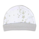 Grey Galaxy Hat with a star print, designed for infants, featuring a soft fabric and comfortable fit.