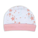 Soft pink galaxy-themed hat with star patterns, part of the Rose Textiles 2 Pack Galaxy Hat set.