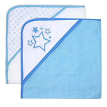 Hooded towel set featuring two towels in light blue with star patterns, ideal for children.