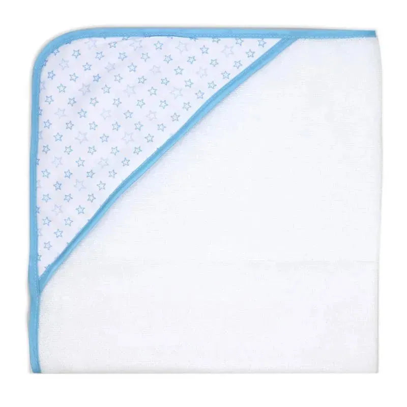 Hooded towel with blue star print on one side, designed for children, showcased flat against a white background.