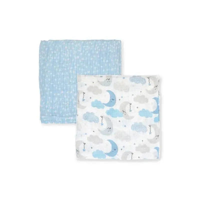 Rose Textiles - 2Pk Baby Boy Muslin Swaddle Blankets, Blue Star/Wave Image 2