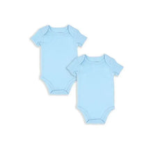 Two blue solid bodysuits for baby boys, featuring short sleeves and a simple design.