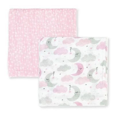 Rose Textiles - 2Pk Baby Girl Muslin Swaddle Blankets, Pink Star/Wave Image 2