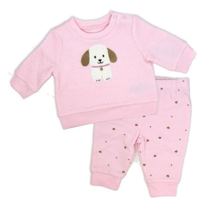 Quilted pink top with a dog design and matching fleece pants with heart patterns, designed for baby girls.