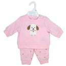Quilted pink top featuring a dog design paired with pink fleece pants adorned with small hearts.