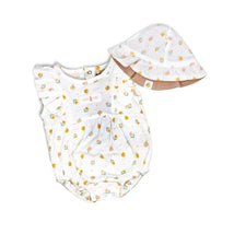 Two-piece baby girl romper set featuring a white romper with fruit prints and ruffled sleeves, accompanied by a coordinating hat.