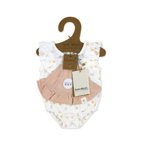 Baby girl romper set featuring a white body with fruit prints, ruffles on the shoulders, and a pink skirted bottom.