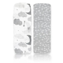 Two soft, grey baby muslin swaddle blankets featuring a moon and star pattern on one, and a wave design on the other.