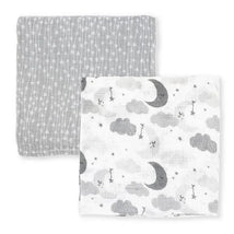Two baby muslin swaddle blankets in grey star and grey wave patterns stacked together.