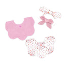 Two pink floral bibs and two matching headbands with floral patterns, designed for baby accessories.