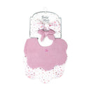 Two-pack of pink floral bibs and headbands featuring a pink floral pattern and scalloped edges.