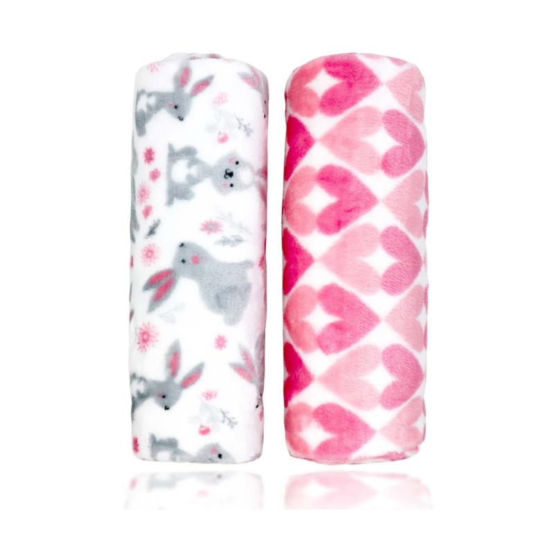 Two rolled flannel fleece blankets featuring pink bunnies and a pink heart pattern.