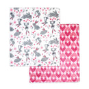 Flannel fleece blanket set featuring one blanket with pink bunnies on a white background and a solid pink heart-patterned blanket.