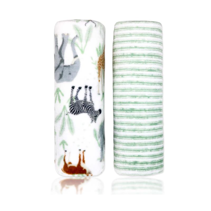 Flannel fleece blanket set featuring sage green stripes and a safari animal print with elephants, zebras, and giraffes.