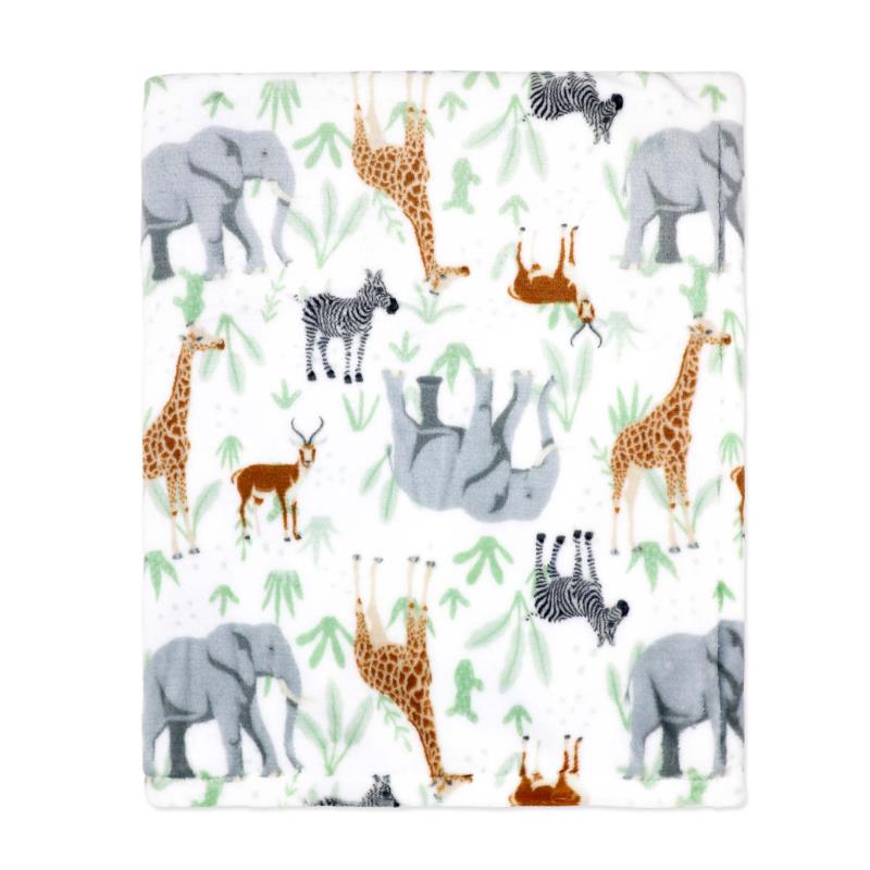 Sage Safari flannel fleece blanket featuring playful illustrations of elephants, giraffes, zebras, and antelopes on a white background.
