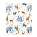 Sage Safari flannel fleece blanket featuring playful illustrations of elephants, giraffes, zebras, and antelopes on a white background.