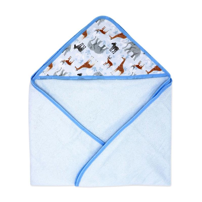 Hooded towel featuring a blue exterior and animal-patterned lining, designed for children.