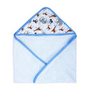 Hooded towel featuring a blue exterior and animal-patterned lining, designed for children.