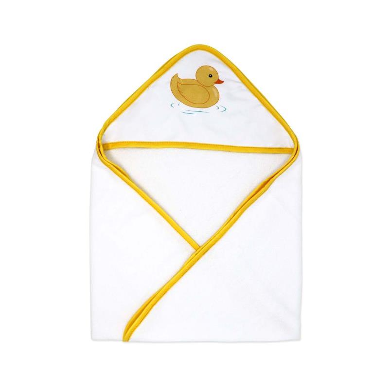 Hooded towel featuring a yellow duck design on a white background, edged with yellow trim.