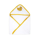 Hooded towel featuring a yellow duck design on a white background, edged with yellow trim.