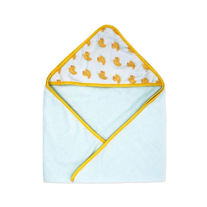 Hooded towel set featuring a yellow duck pattern on the inner lining and soft blue exterior.