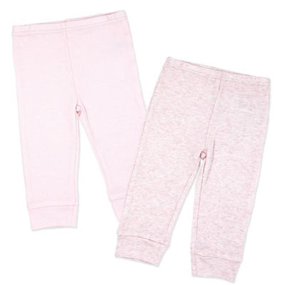 Two pairs of pink cuffed pants from the Rose Textiles Naturelle collection, one solid pink and one light heathered pink.