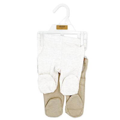 Beige 2-pack footed pant set by Rose Textiles, featuring one light beige and one darker beige pair with foot grips.