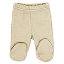 Beige footed pant set designed for infants, featuring a soft fabric and footed design with rounded feet.