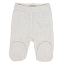 Beige footed pant set with a soft fabric and built-in foot coverage, designed for comfort in infants.