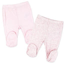 Two pairs of footed pants from Rose Textiles, one solid pink and the other light pink with a heathered pattern.