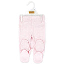 Two-pack of footed pants from Rose Textiles in a soft pink color, featuring cozy footed bottoms and a comfortable waistband.