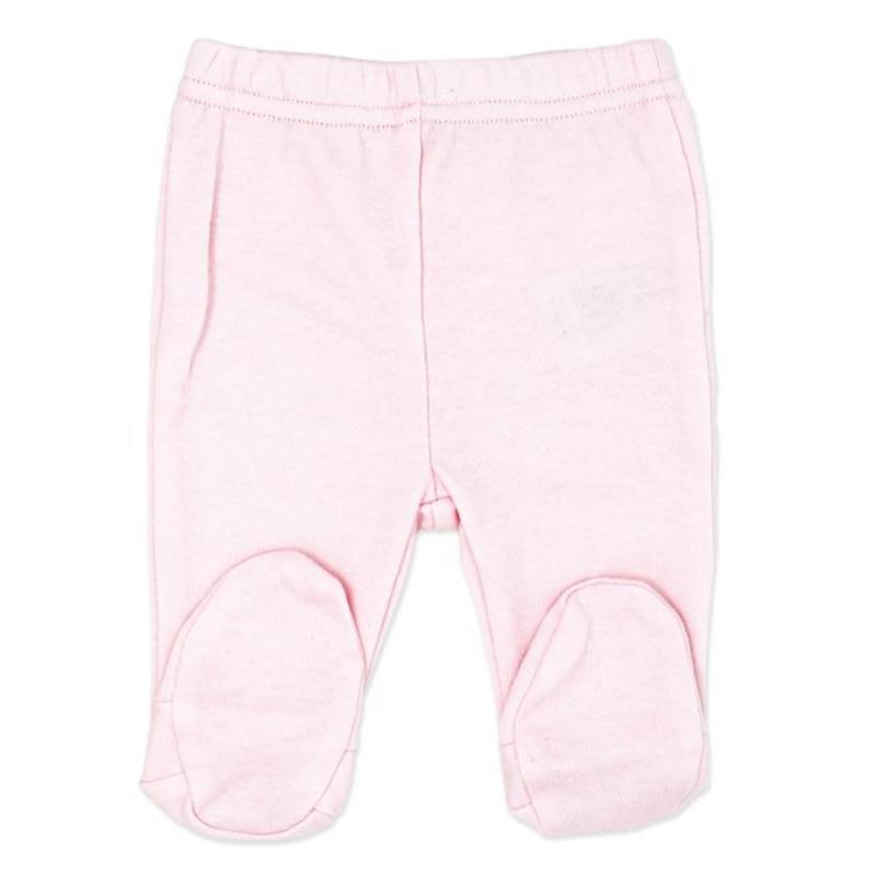 Light pink footed pants with a soft fabric, designed for infants, featuring a stretchy waistband and enclosed feet.