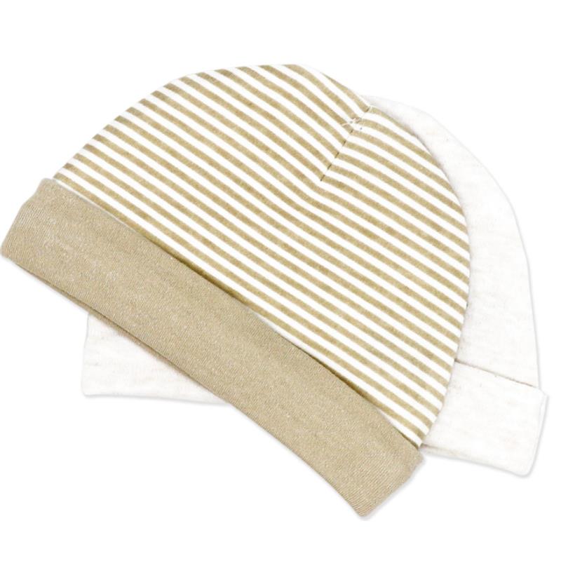 Two beige baby hats from Rose Textiles, one with cream and brown stripes, suitable for 0-6 months.