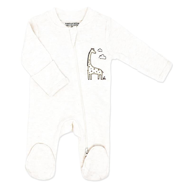 Beige preemie mitted sleeper featuring a giraffe design and zip closure, suitable for infants.