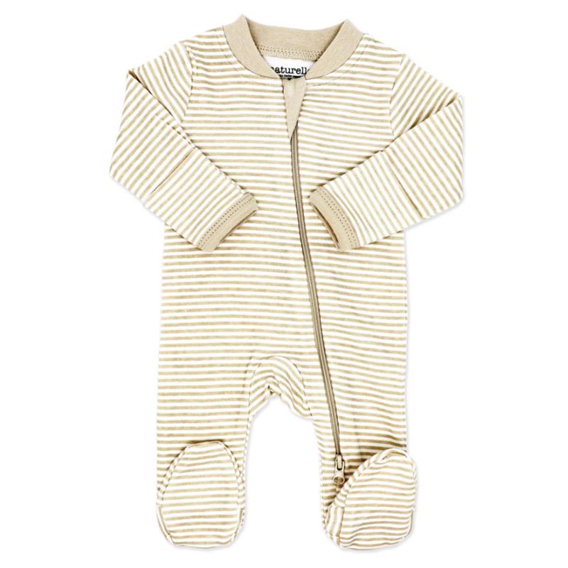 Beige striped mitted sleeper for preemies, featuring a front zipper and footed design for comfort and warmth.