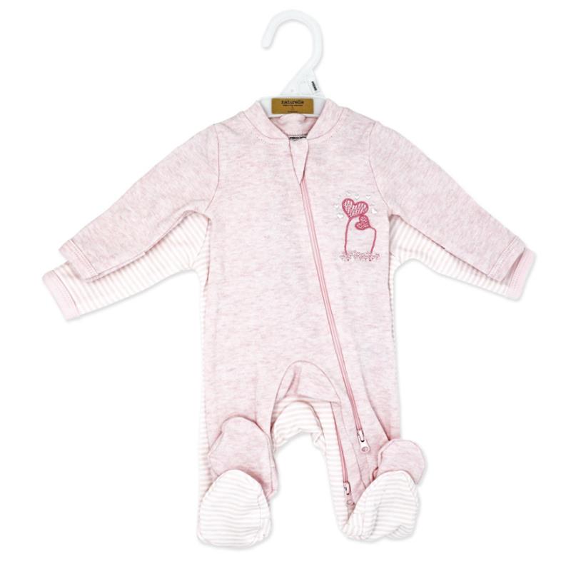 Pink preemie mitted sleeper with a zipper and heart design, featuring striped sleeves and foot coverings.