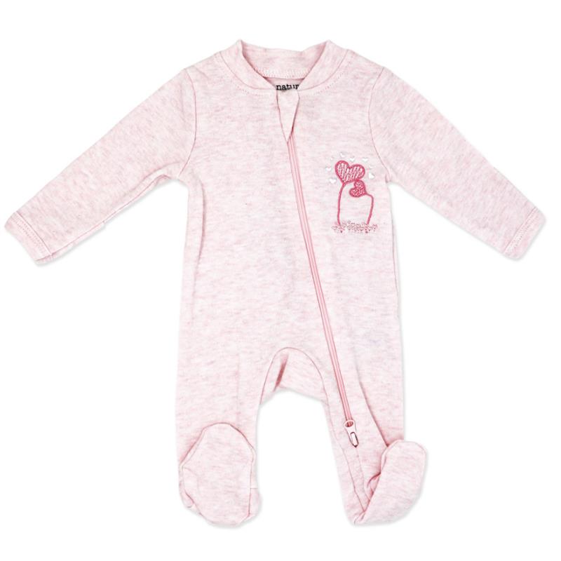 Preemie mitted sleeper in pink, featuring long sleeves, a front zipper, and a heart design on the chest.