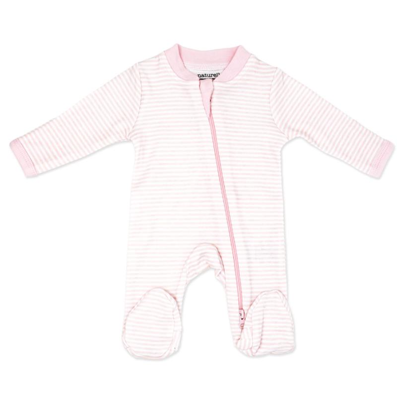 Preemie mitted sleeper in pink with white stripes, featuring long sleeves and footed design, designed for infants.