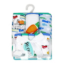Hooded towels and washcloths featuring green trucks, packaged with a bow, ideal for bath time.