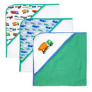 Hooded towels set featuring three designs with colorful truck patterns and five coordinating washcloths in green.