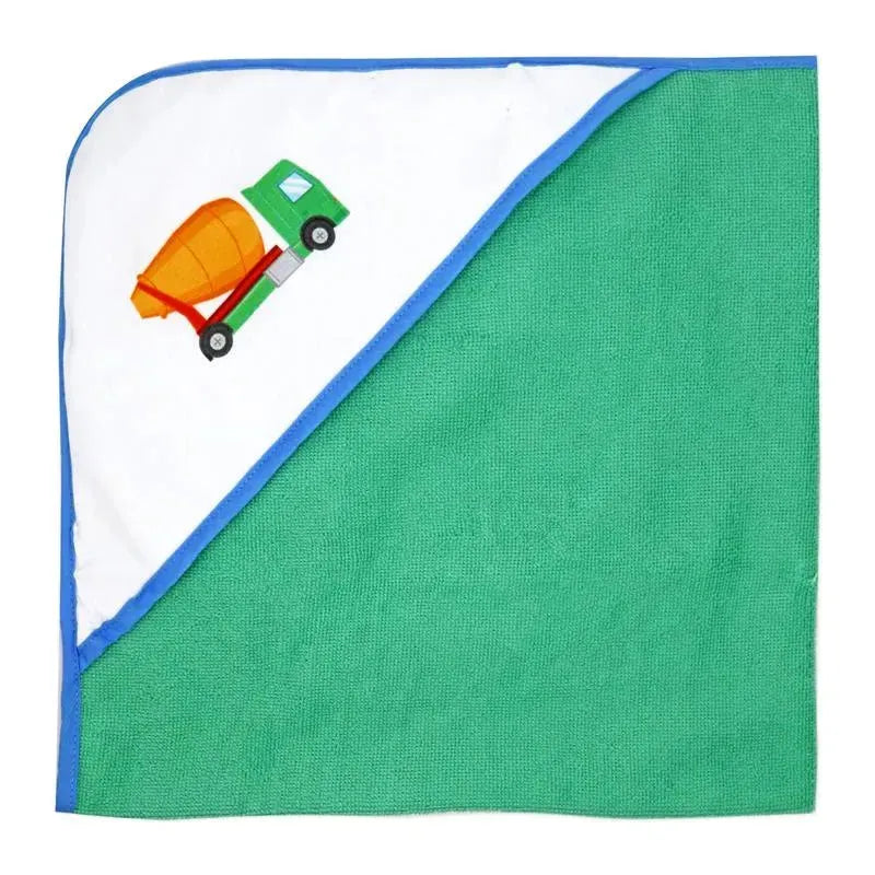 Hooded towel featuring a green truck design, with a white top half and green textured body.