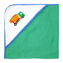 Hooded towel featuring a green truck design, with a white top half and green textured body.