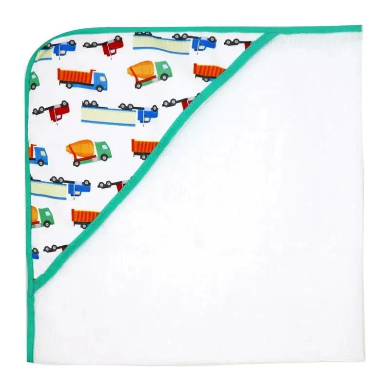 Hooded towel featuring a colorful truck pattern, complemented by a green border, designed for children.