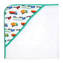 Hooded towel featuring a colorful truck pattern, complemented by a green border, designed for children.