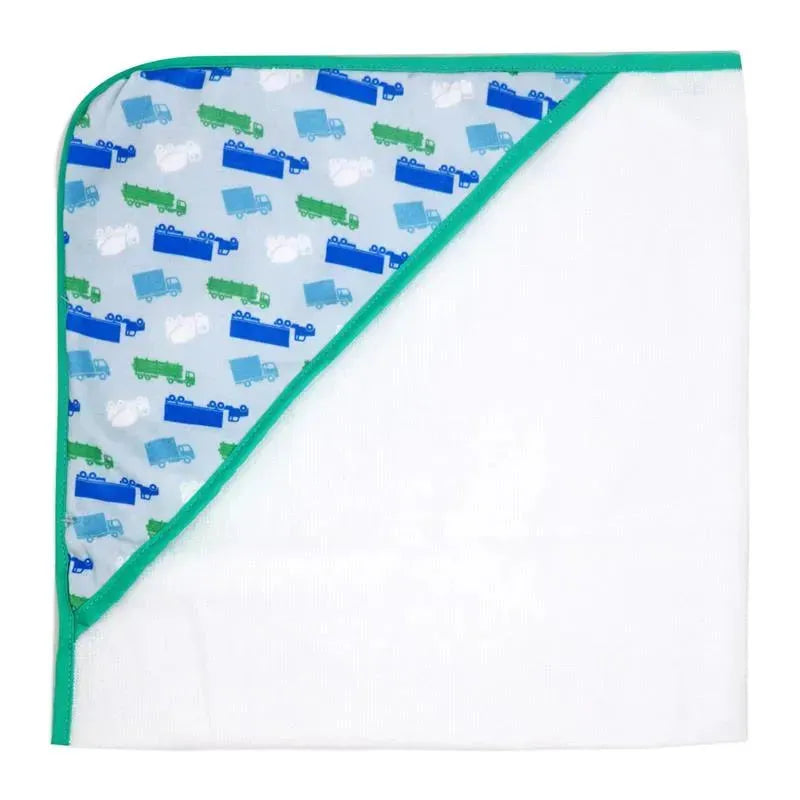 Hooded towel featuring a green truck design on the hood and a plain white body, ideal for kids.