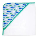 Hooded towel featuring a green truck design on the hood and a plain white body, ideal for kids.