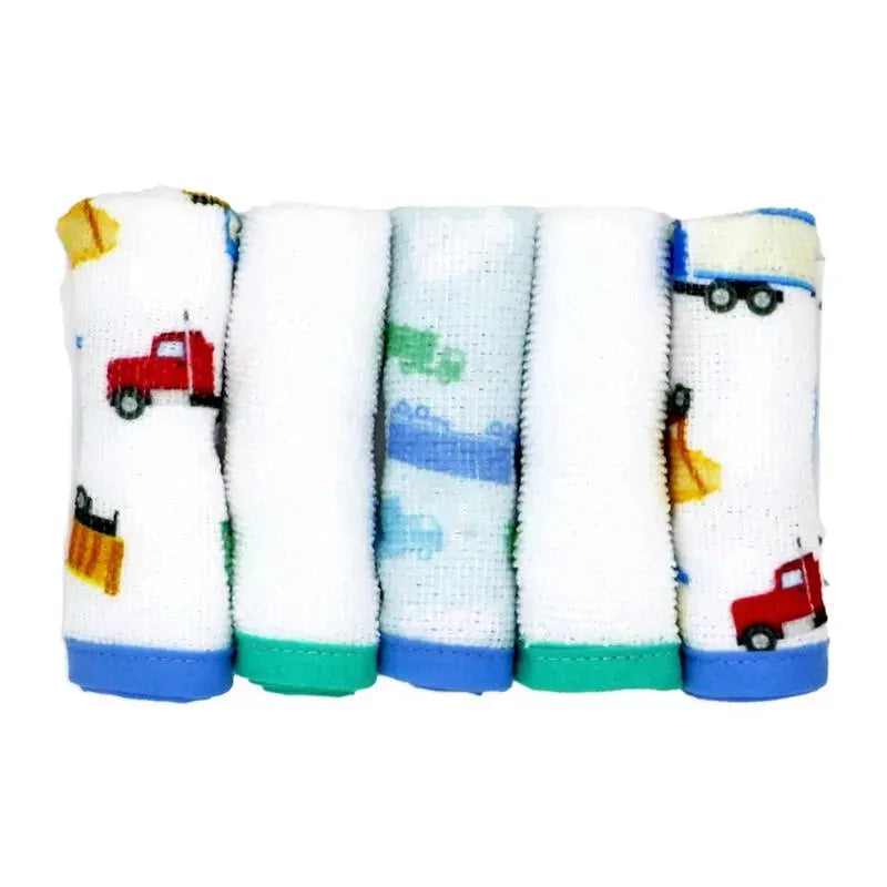 Five colorful washcloths featuring truck and construction vehicle patterns, part of the Rose Textiles hooded towel set.